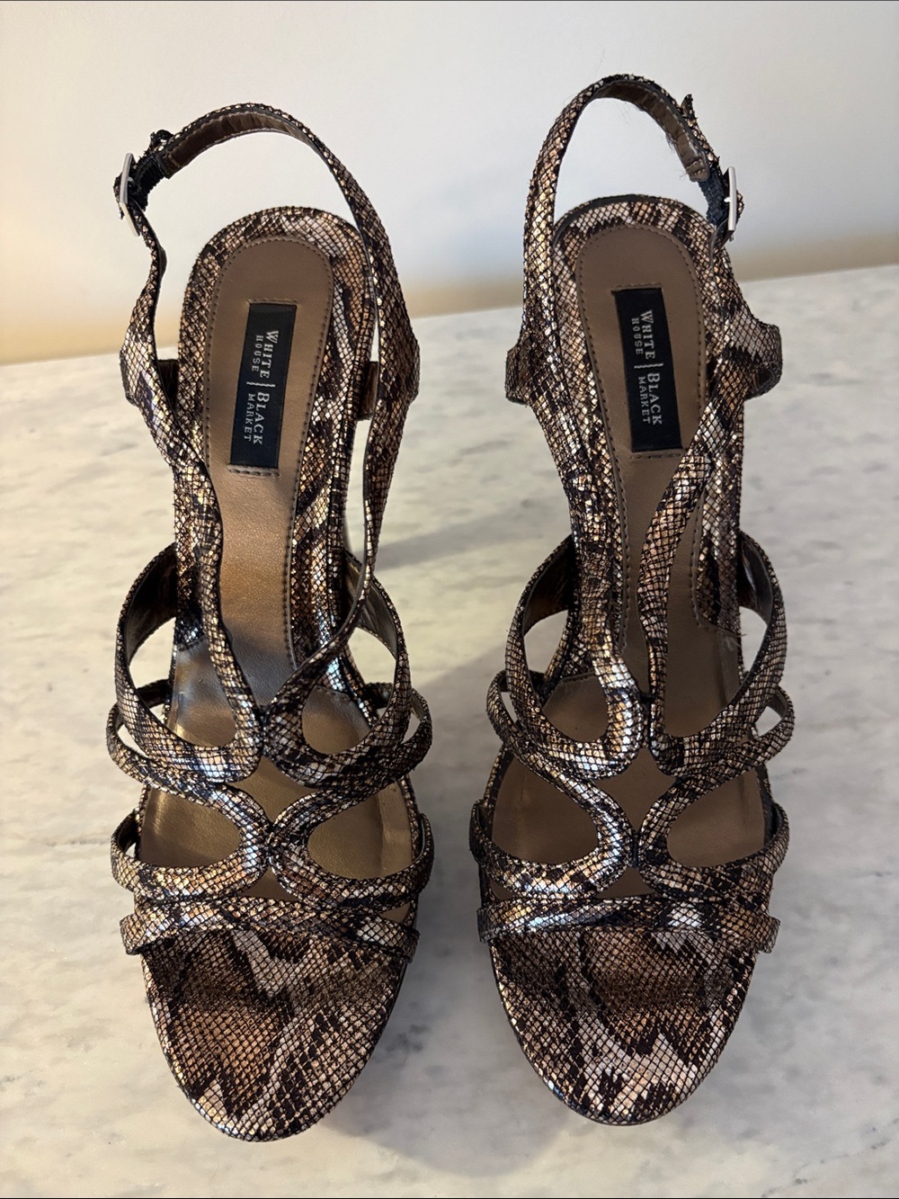 White House Black Market Brown Snake-Print Strappy High Heel Sandals - Picture 2 of 16